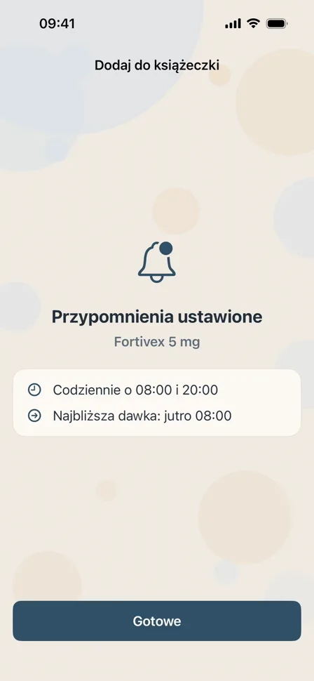 Ekran potwierdzenia: przypomnienia ustawione codziennie o 08:00 i 20:00